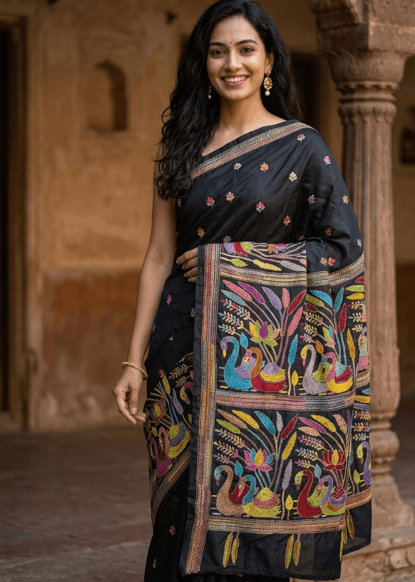 Elegant royal-blue MeghMalhar Kantha Saree featuring intricate multicolour handcrafted floral and folk-art embroidery with artistic pallu detailing. Premium Bengal handloom saree ideal for festive wear, cultural occasions, office elegance, and timeless ethnic fashion.