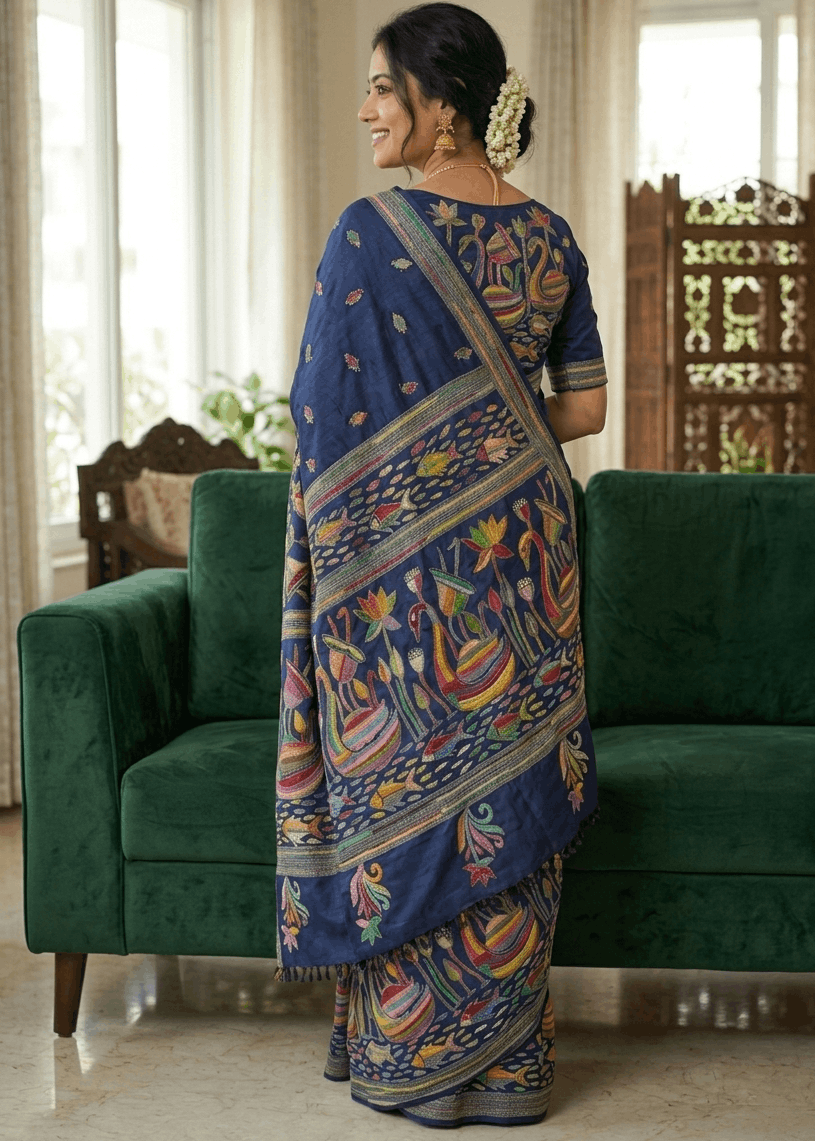 Elegant royal-blue MeghMalhar Kantha Saree featuring intricate multicolor handcrafted floral and folk-art embroidery with artistic pallu detailing. Premium Bengal handloom saree ideal for festive wear, cultural occasions, office elegance, and timeless ethnic fashion.