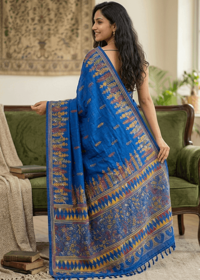 NeelVarnika Kantha Stitch Saree in royal blue cotton silk blend with vibrant handcrafted multicolour embroidery, artistic pallu detailing, and Bengal handloom craftsmanship ideal for festive and contemporary ethnic wear.