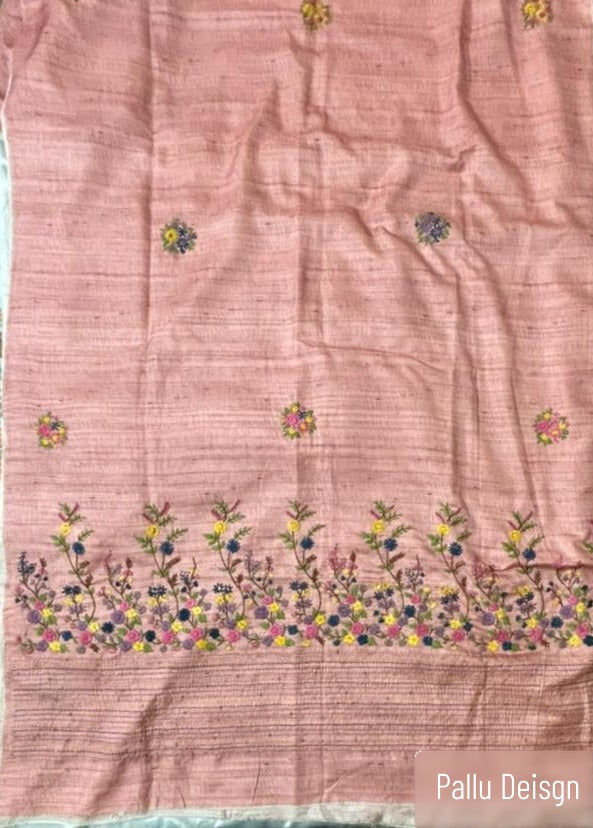Lightweight blush pink saree with handcrafted Kantha stitching for festive wear