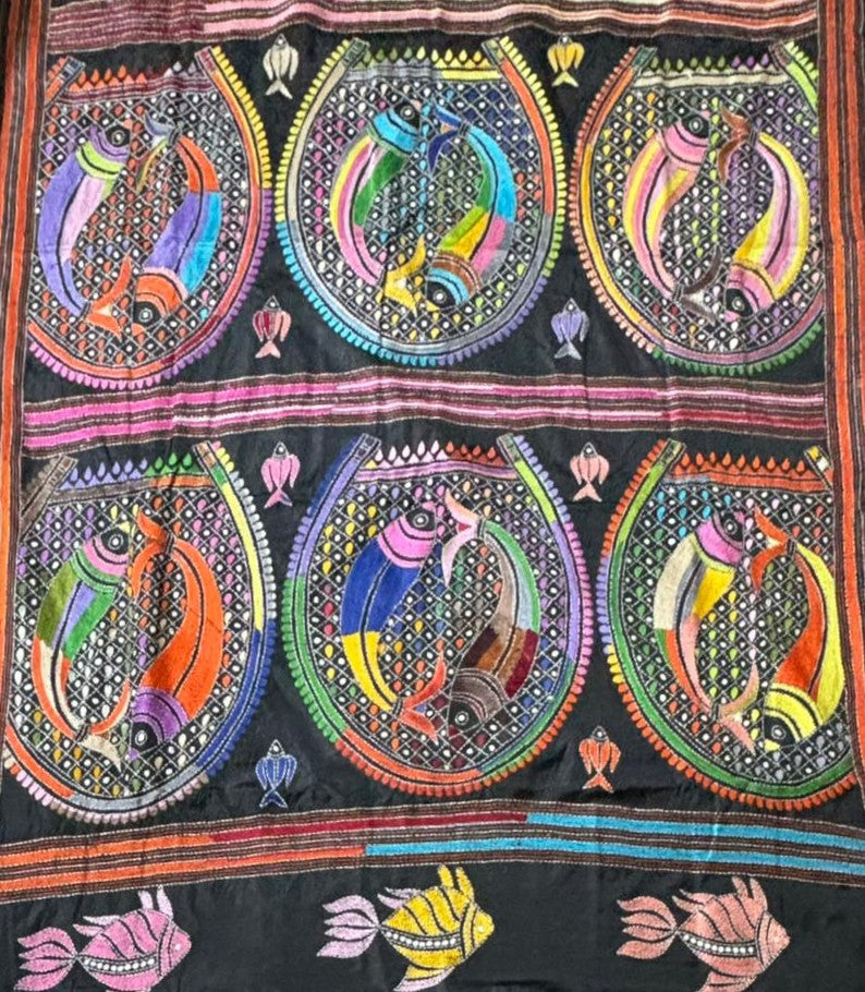 Artistic handcrafted Kantha saree with fish design for festive wear