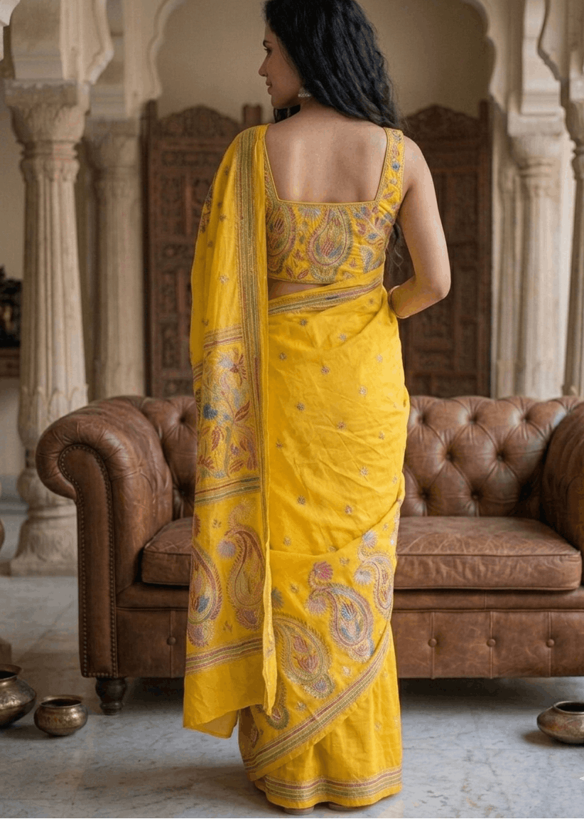 Elegant yellow SvarnaRang Kantha Saree featuring intricate multicolour handcrafted paisley and floral embroidery with detailed artistic pallu work. Premium Bengal handloom saree ideal for festive occasions, Puja celebrations, weddings, and elegant ethnic styling.