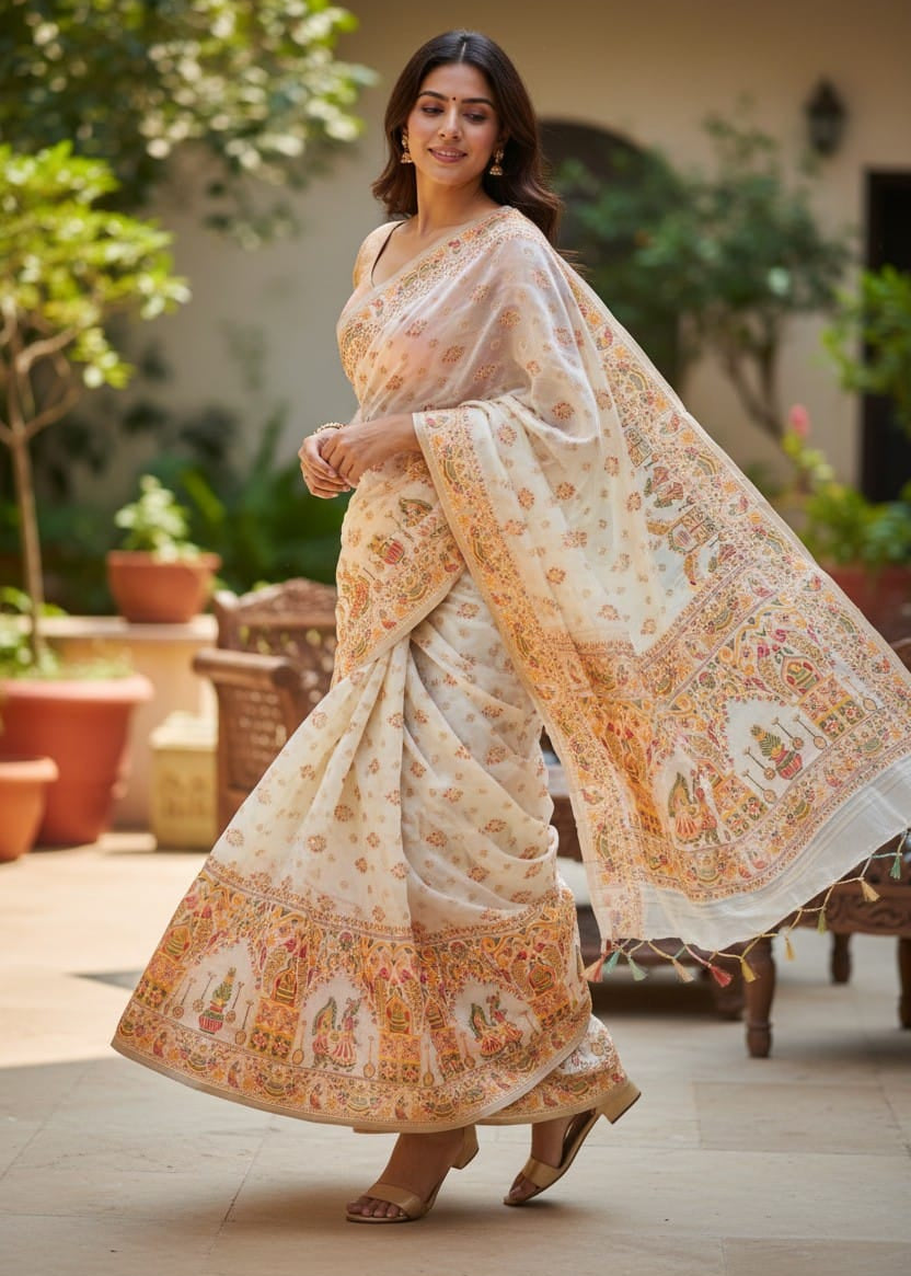 A Woman wearing an ivory white Off-white Baluchari Saree standing outdoors with plants in the background