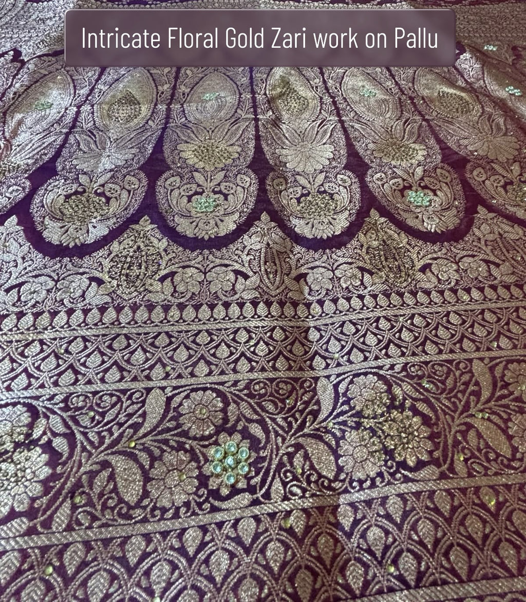Heavy antique gold Mughal paisley zari pallu on pure silk deep purple Banarasi saree — bridal