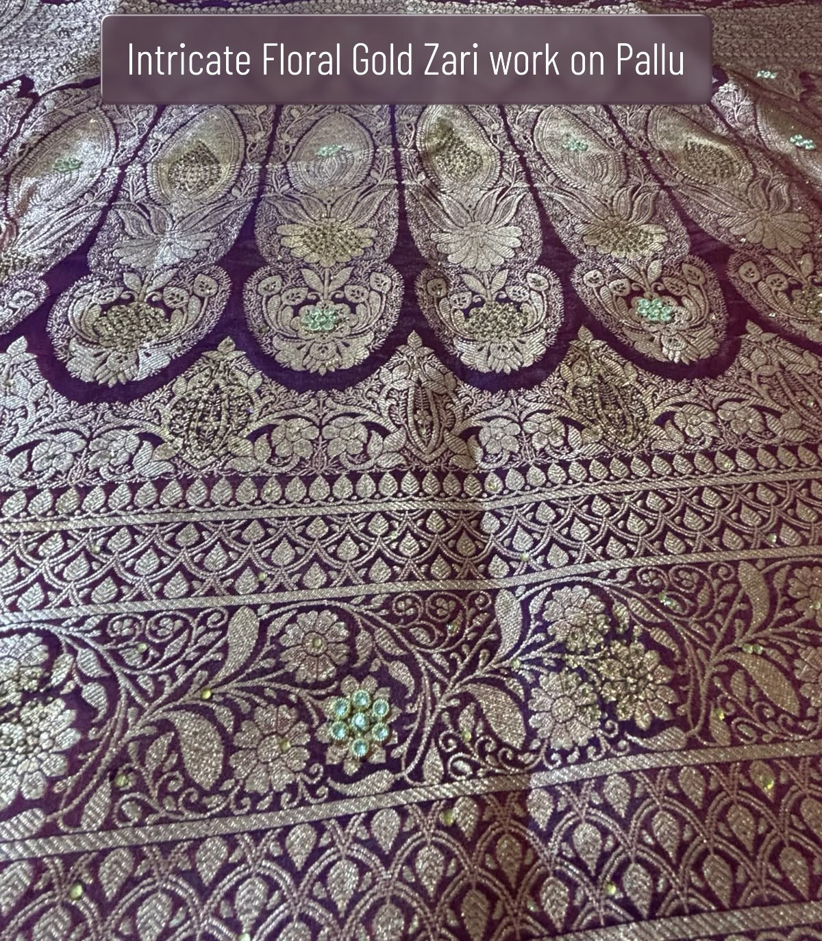 Heavy antique gold Mughal paisley zari pallu on pure silk deep purple Banarasi saree — bridal