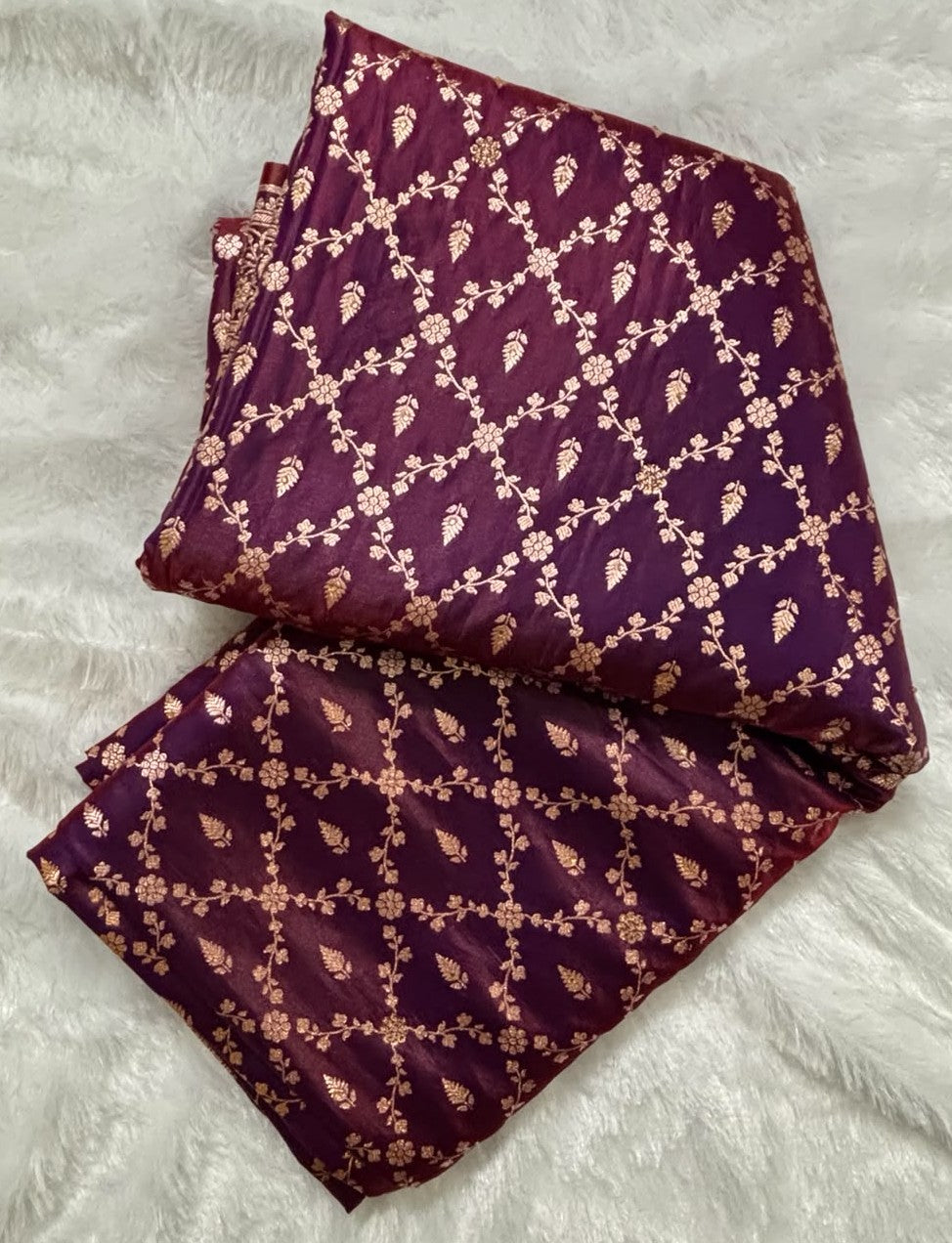 All-over dense gold zari floral buti pattern on deep purple pure silk Banarasi saree fabric