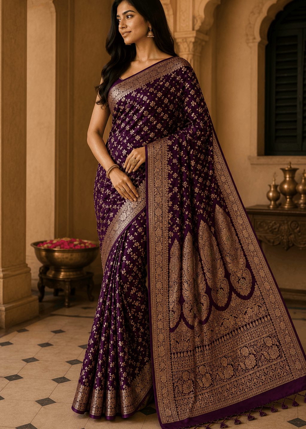 Heavy antique gold Mughal paisley zari pallu on pure silk deep purple Banarasi saree — bridal