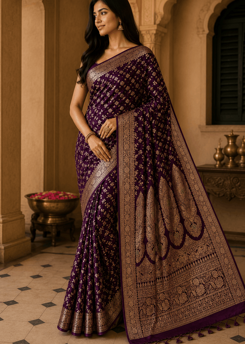 Heavy antique gold Mughal paisley zari pallu on pure silk deep purple Banarasi saree — bridal