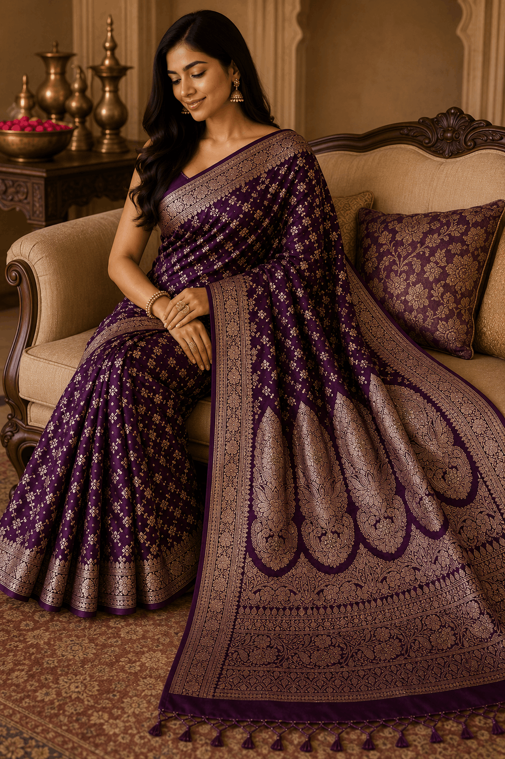 Deep purple Banarasi silk saree flat lay showing full gold zari buti body and ornate Mughal pallu