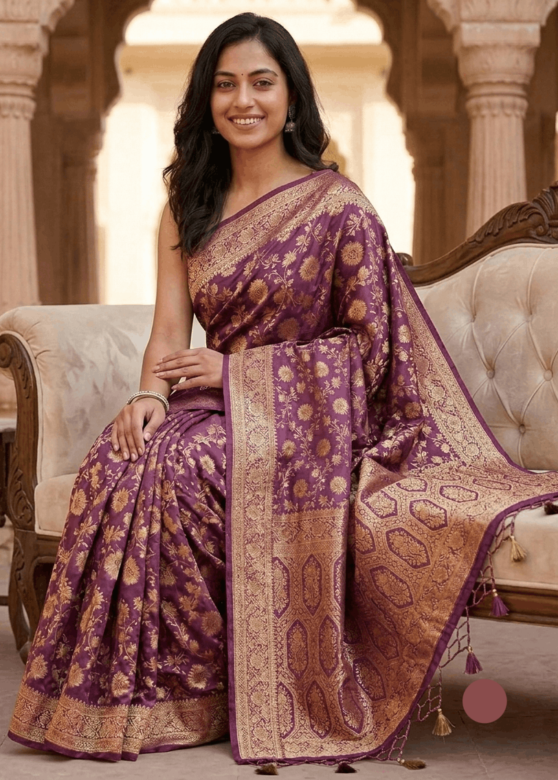 Handcrafted gold and purple silk tassel hem border on wine purple Banarasi silk saree — premium finishing