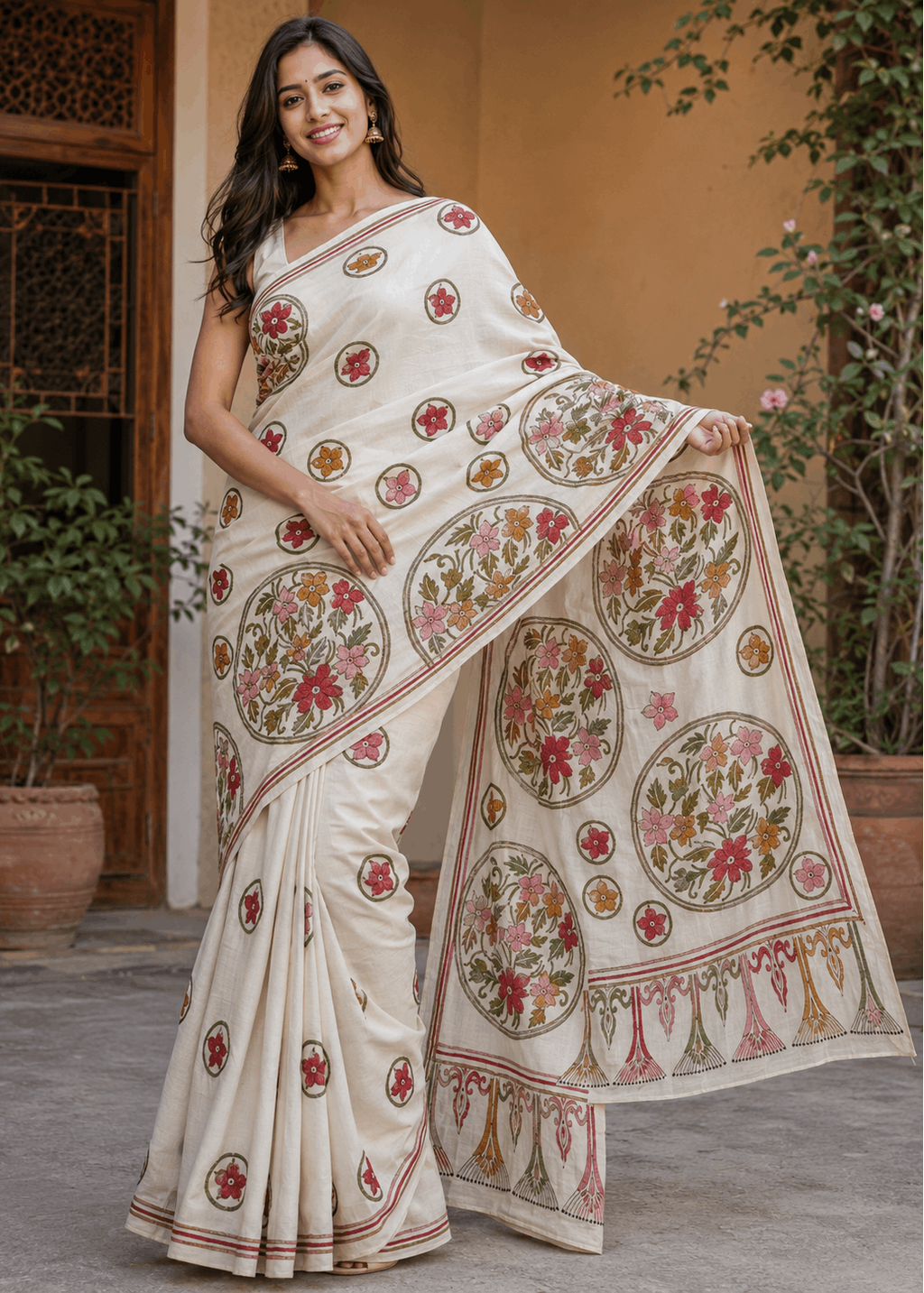 Elegant ivory PushpRagini Kantha Saree featuring intricate multicolor handcrafted floral embroidery with artistic medallion motifs and detailed pallu work. Premium Bengal handloom saree ideal for festive occasions, cultural events, office elegance, and timeless ethnic fashion.