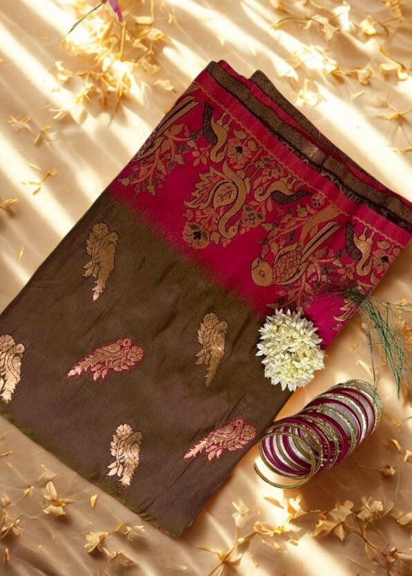 Embroidered Baluchari Saree with pink border and brown colors on a beige background with flowers and birds.