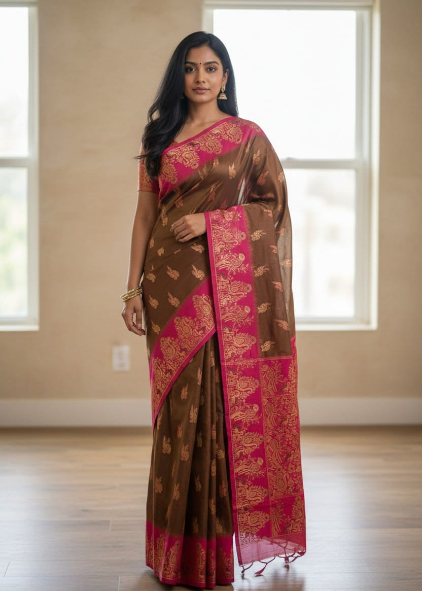 Woman wearing a brown and pink Baluchari saree in a room with large windows.