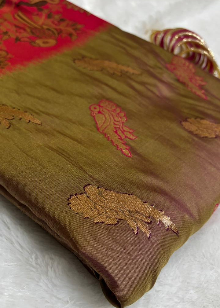 Olive brown and pink Baluchari silk saree with intricate zari woven motifs and traditional storytelling design, handloom Bengali heritage saree close-up showcasing rich texture and elegant border detailing