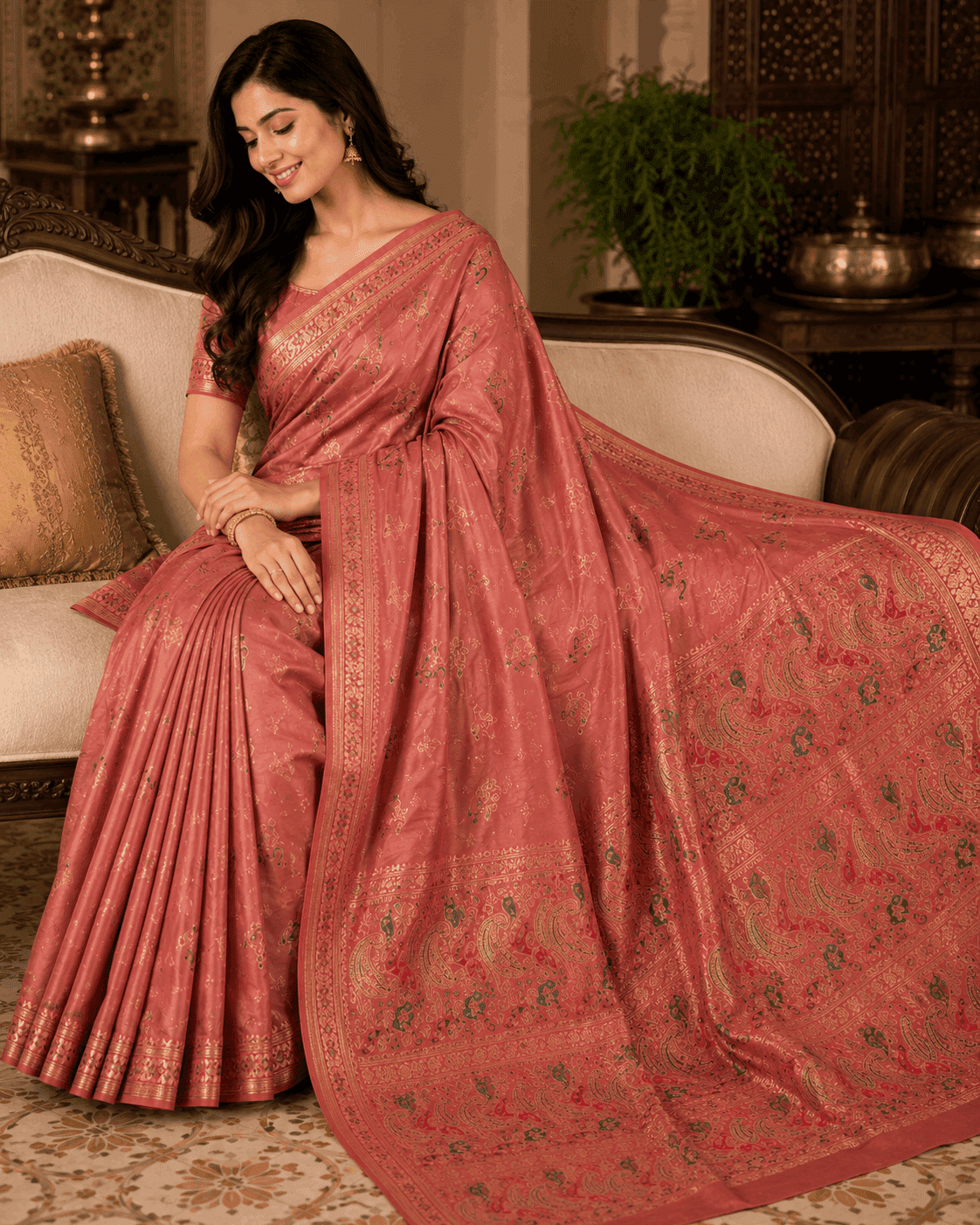 Full-length shot of a woman in a dusty rose peach Baluchari silk saree featuring subtle all-over motifs, a fine woven border, and an elaborate pallu depicting traditional paisley patterns and mythological artwork