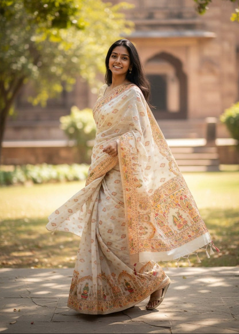 A woman in a traditional Baluchari saree standing outdoors with greenery and a building in the background inside a fort