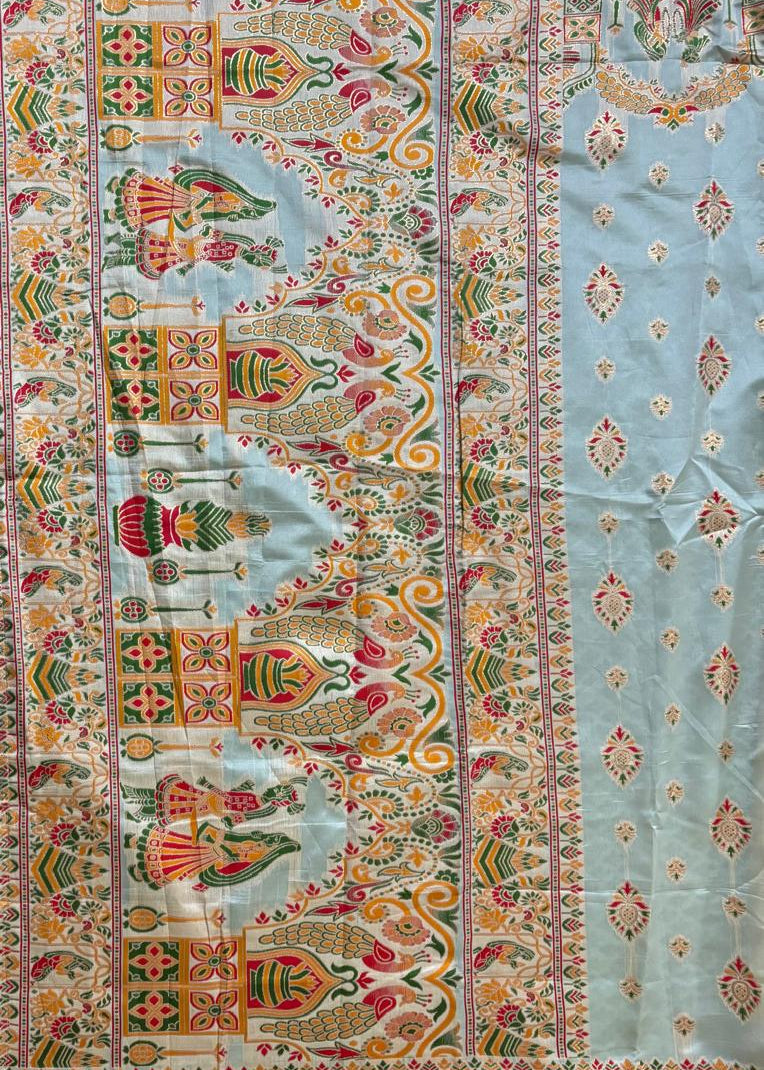 Pallu Design of a Baluchari Saree with Couple and Temple Motif