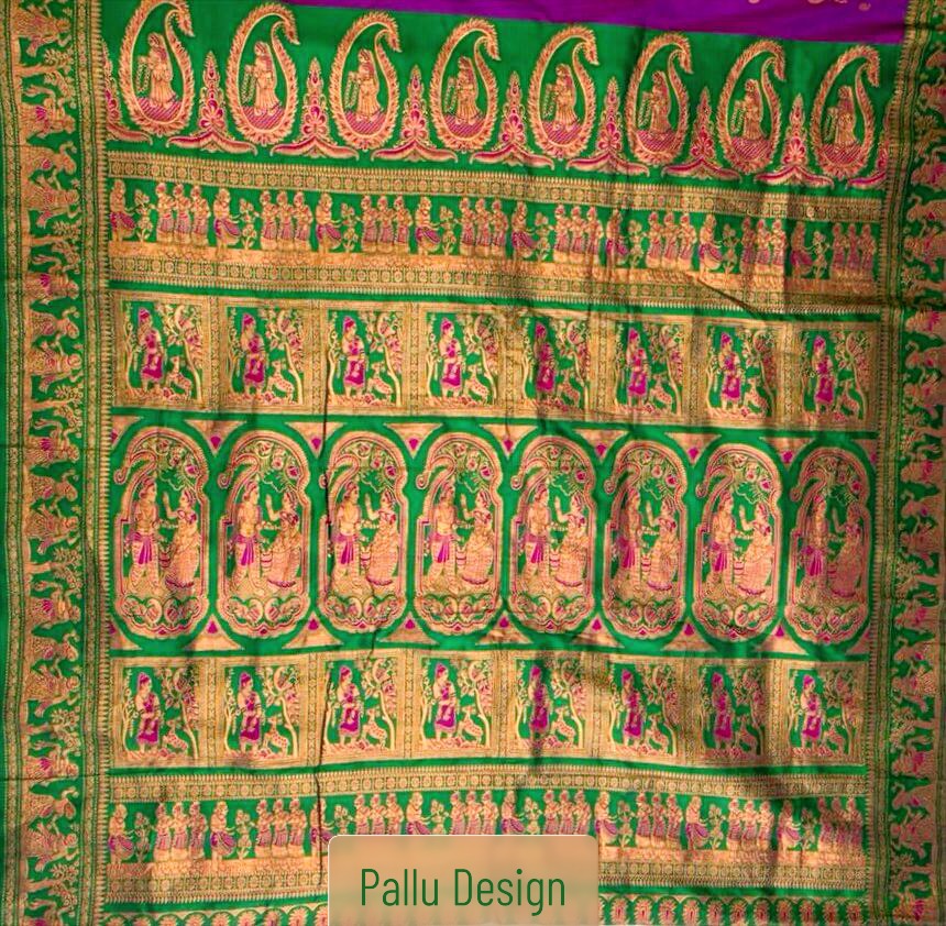 Rajrangini Baluchari saree pallu design featuring detailed mythological storytelling motifs in rich golden zari on green border with royal purple silk base