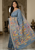RangMayuri Kantha Stitch Saree in smoky grey cotton silk blend with vibrant multicolour handcrafted embroidery, artistic bird and floral motifs, and elegant Bengal handloom detailing perfect for festive and contemporary ethnic wear.