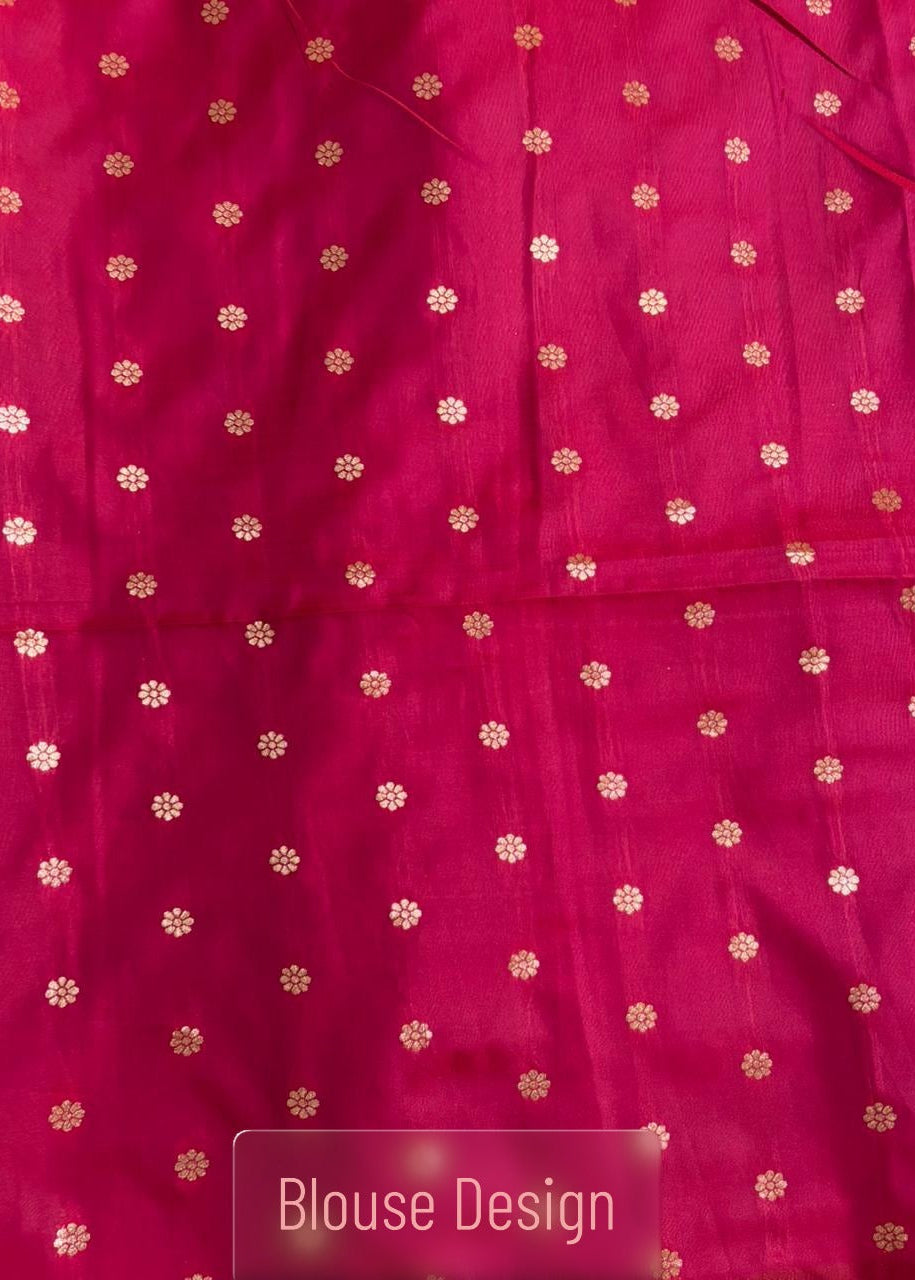 Pink blouse for Baluchari Saree with gold floral patterns