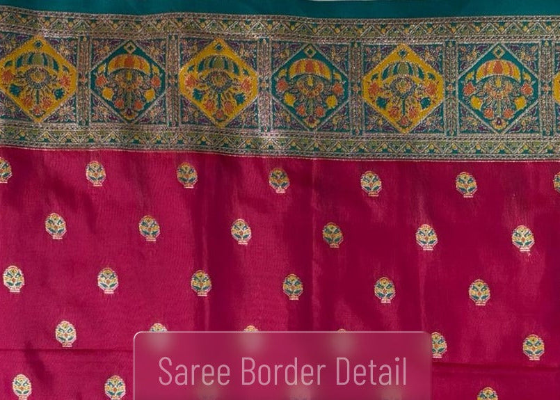 Baluchari Saree border with intricate patterns on a pink fabric background