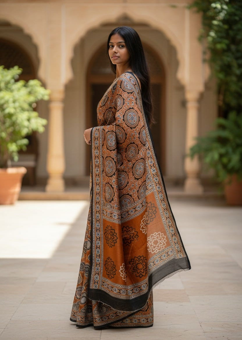 Woman wearing rust orange Ajrakh saree with intricate circular motifs and detailed border, traditional Indian hand block print ethnic wear – side profile view