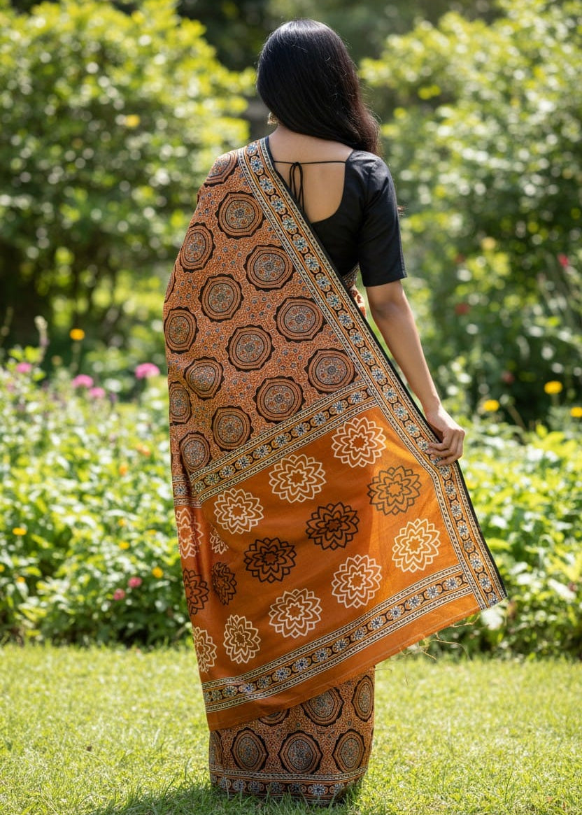 Back view of rust orange Ajrakh print saree with floral pallu and geometric patterns, handcrafted Indian cotton saree styled in natural outdoor setting