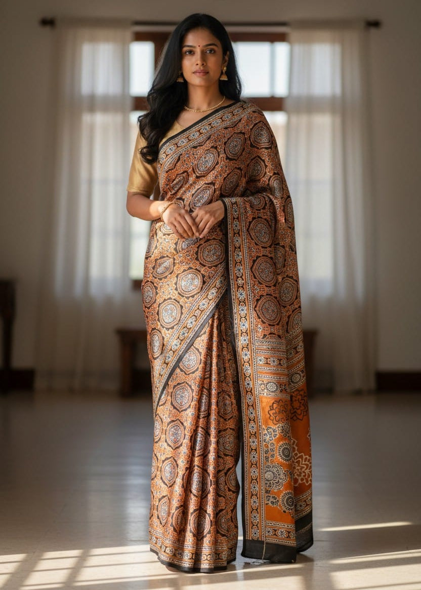 A woman wearing a patterned orange Ajrakh saree is standing in a room with curtains.