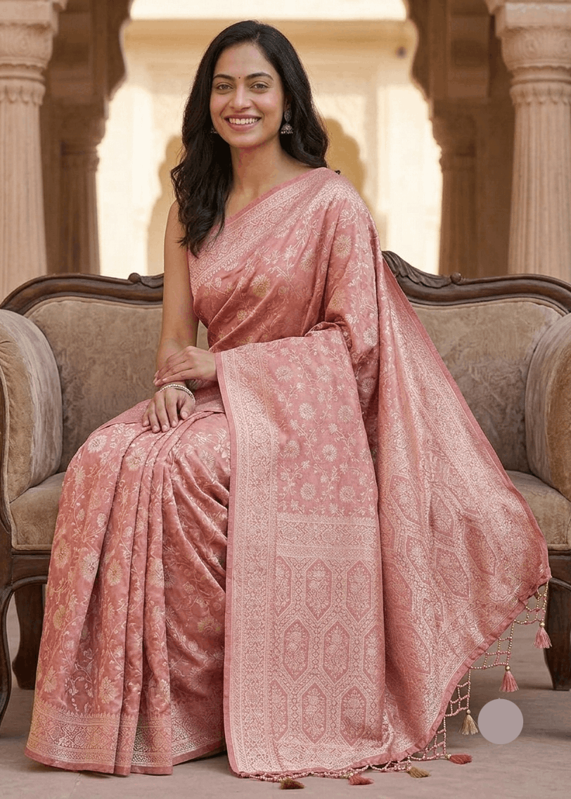 Rose pink Banarasi silk saree with full-body silver zari jaal and tassel hem worn elegantly at heritagemonument