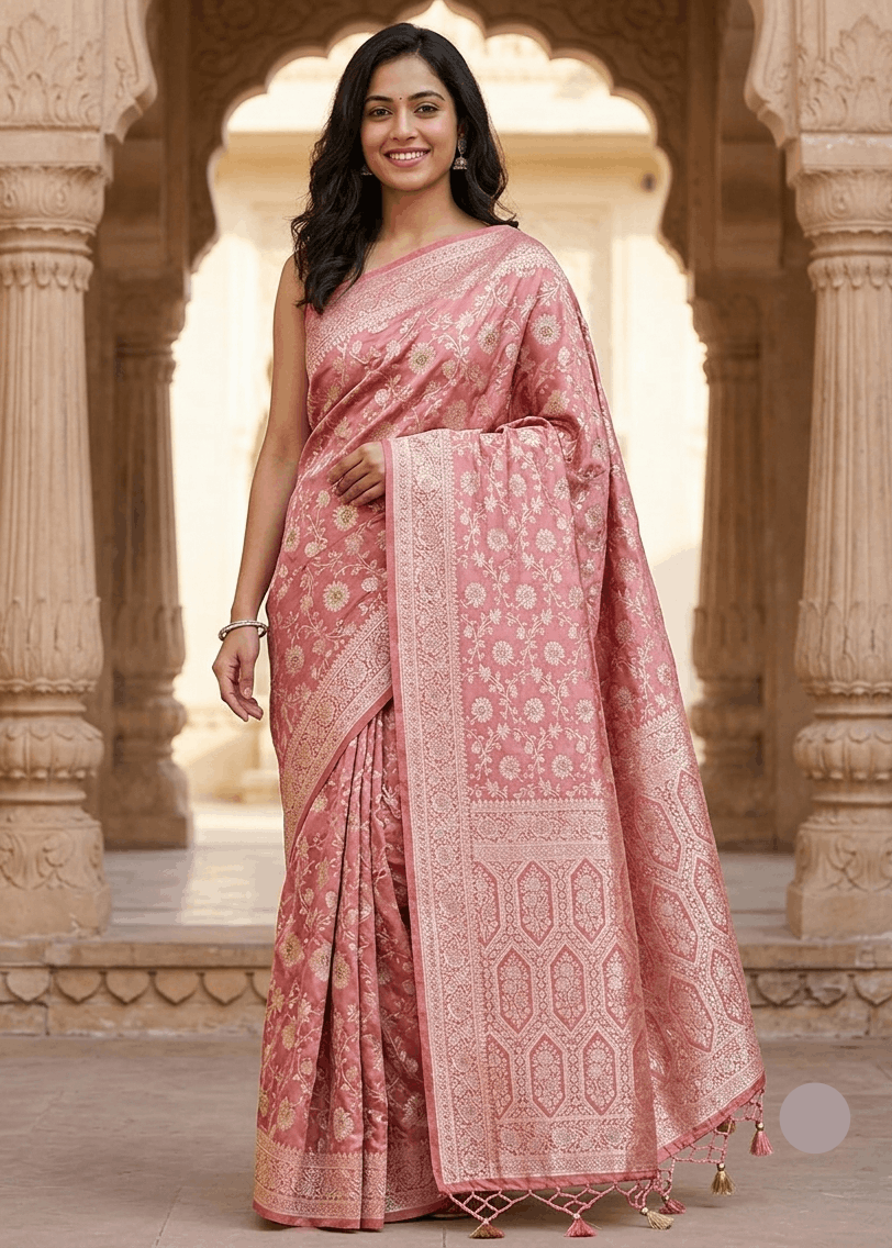 Rose pink Banarasi silk saree with full-body silver zari jaal and tassel hem worn elegantly at heritage monument