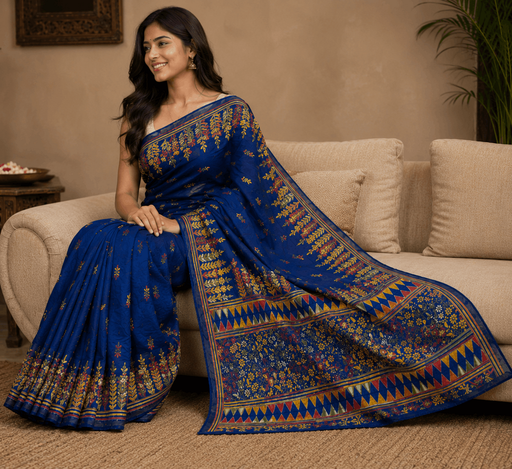 NeelVarnika Kantha Stitch Saree in royal blue cotton silk blend with vibrant handcrafted multicolour embroidery, artistic pallu detailing, and Bengal handloom craftsmanship ideal for festive and contemporary ethnic wear.