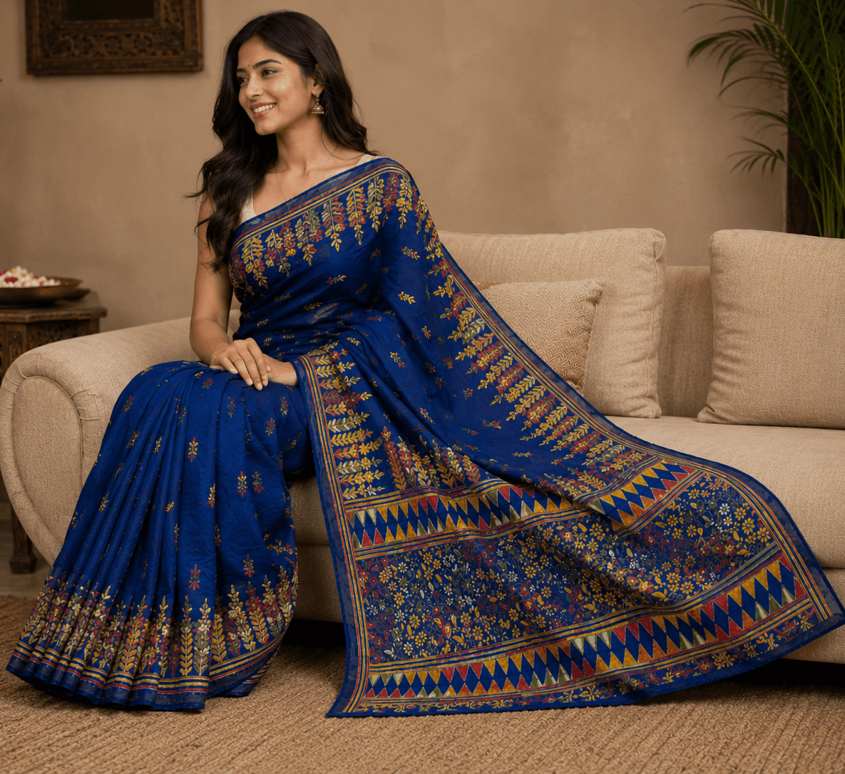 NeelVarnika Kantha Stitch Saree in royal blue cotton silk blend with vibrant handcrafted multicolour embroidery, artistic pallu detailing, and Bengal handloom craftsmanship ideal for festive and contemporary ethnic wear.