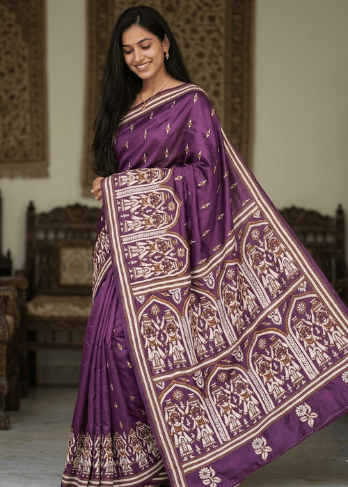 JamuniVaibhav Kantha Stitch Saree in royal jamuni purple with intricate handcrafted heritage motifs, artistic embroidered pallu, and elegant Bengal handloom detailing ideal for festive and traditional occasions.