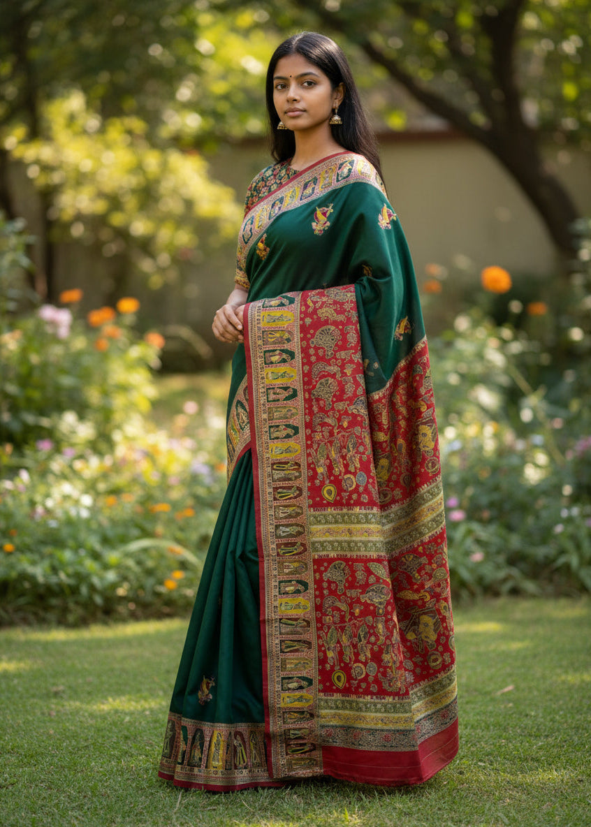 Woman in a green saree with a red and gold border standing in a garden.