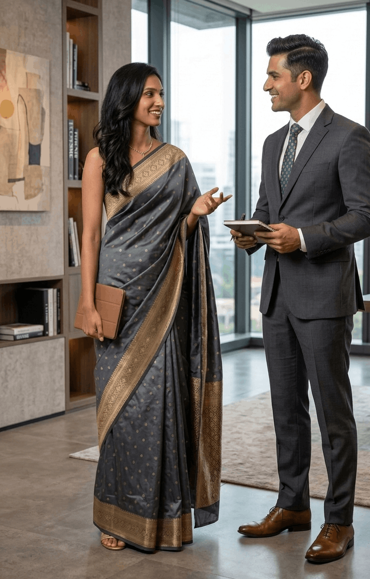 A woman wearing a gray golden color beautiful Silk Saree talking to her college in office 