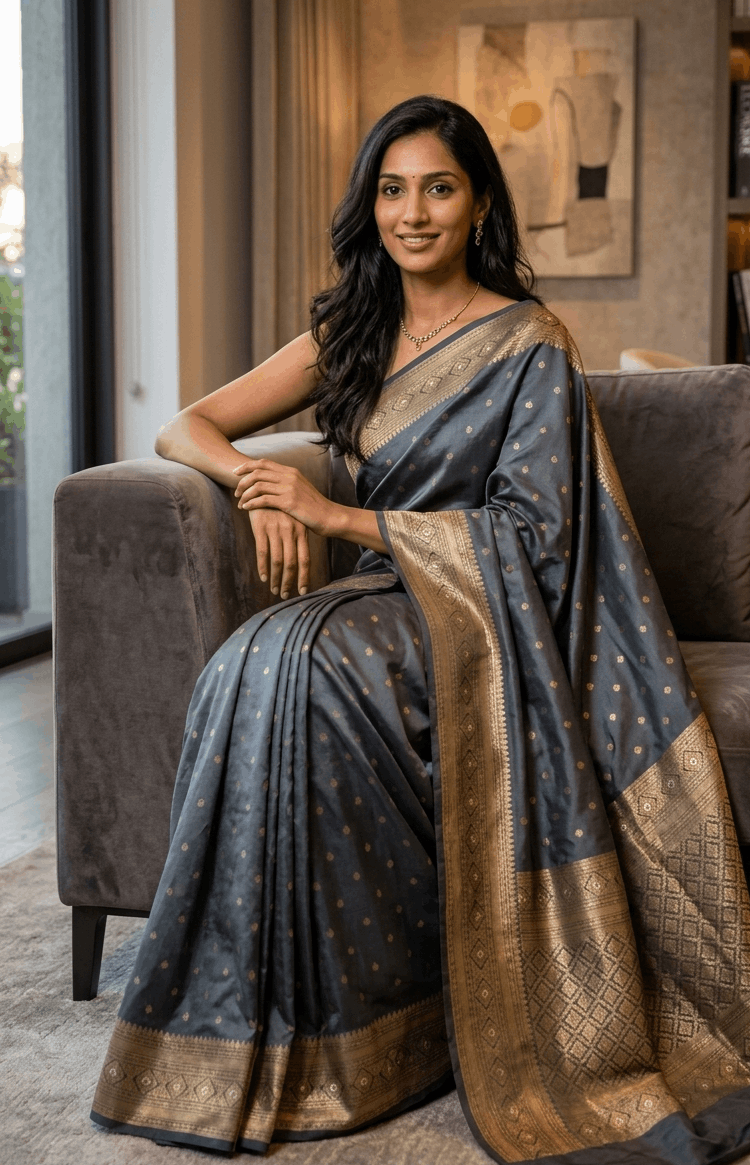 A woman wearing a gray golden color beautiful Silk Saree sitting on a sofa