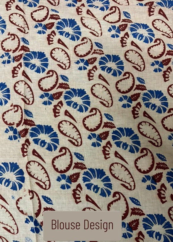 Floral and paisley patterned fabric for Blouse of Kalamkari Saree with 'Blouse Design' label.