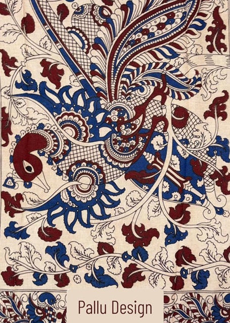 Pallu Design of Kalamkari Saree is based on peacock's intricate paisley pattern in red, blue, and beige.