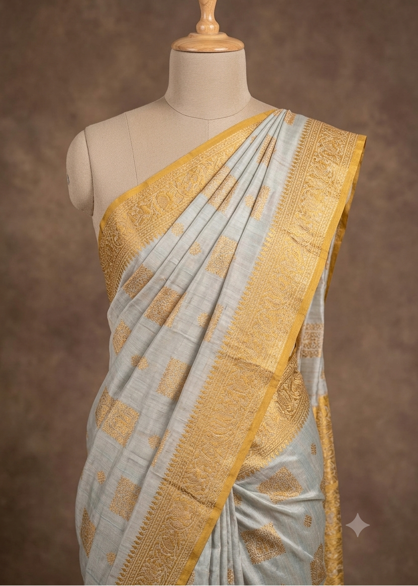 Ivory Beige and yellow Coloured Baluchari Saree on a Wooden torso