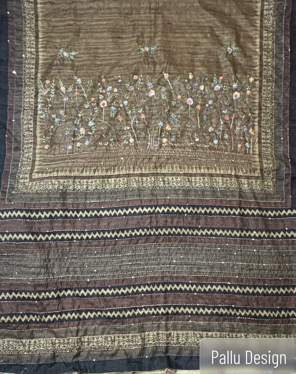 Premium handloom Bulian saree showcasing intricate Kantha embroidery design 