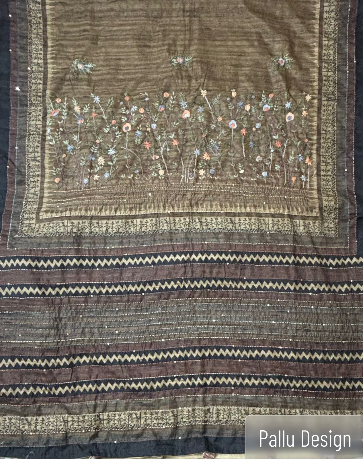 Premium handloom Bulian saree showcasing intricate Kantha embroidery design 