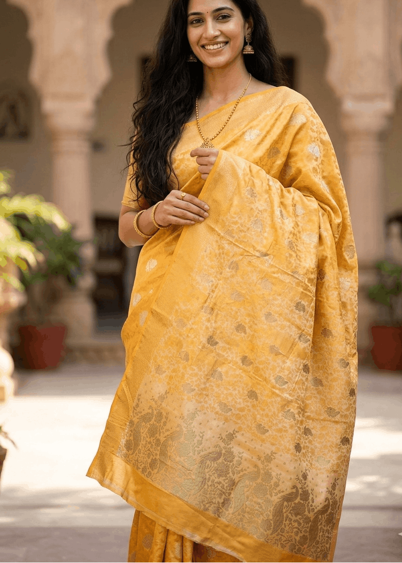 Woman wearing Suvarna Aura silk saree in golden yellow shade 