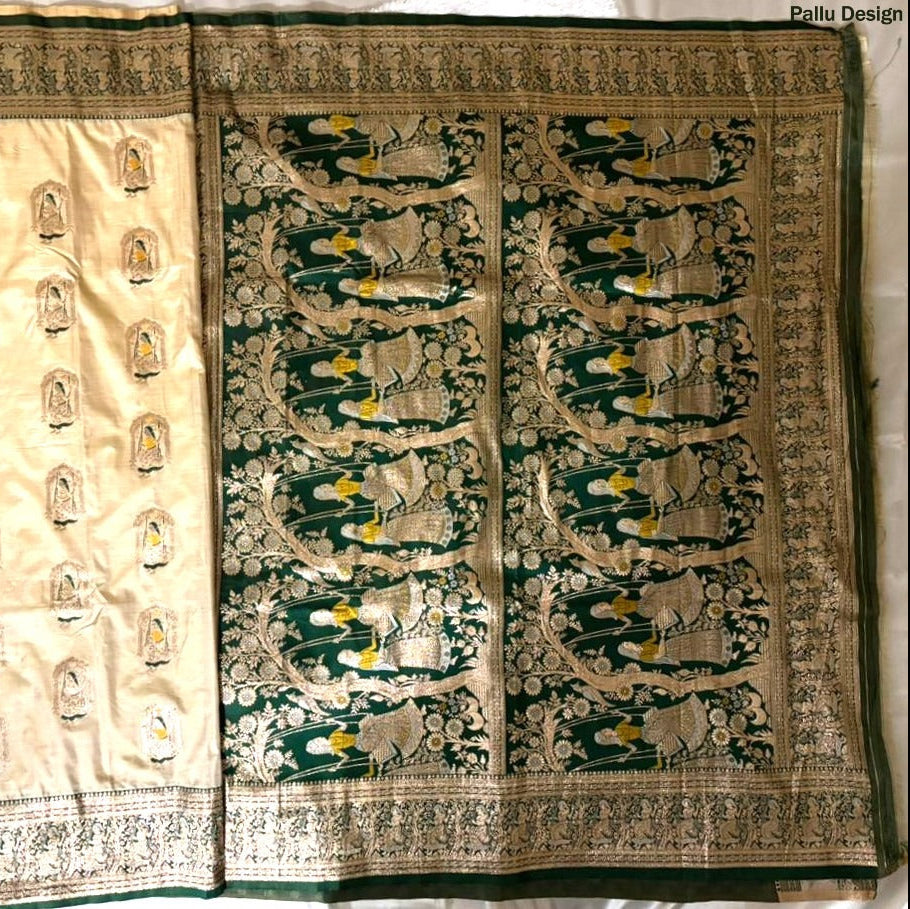Traditional Beige saree with intricate patterns on Pallu on a white background
