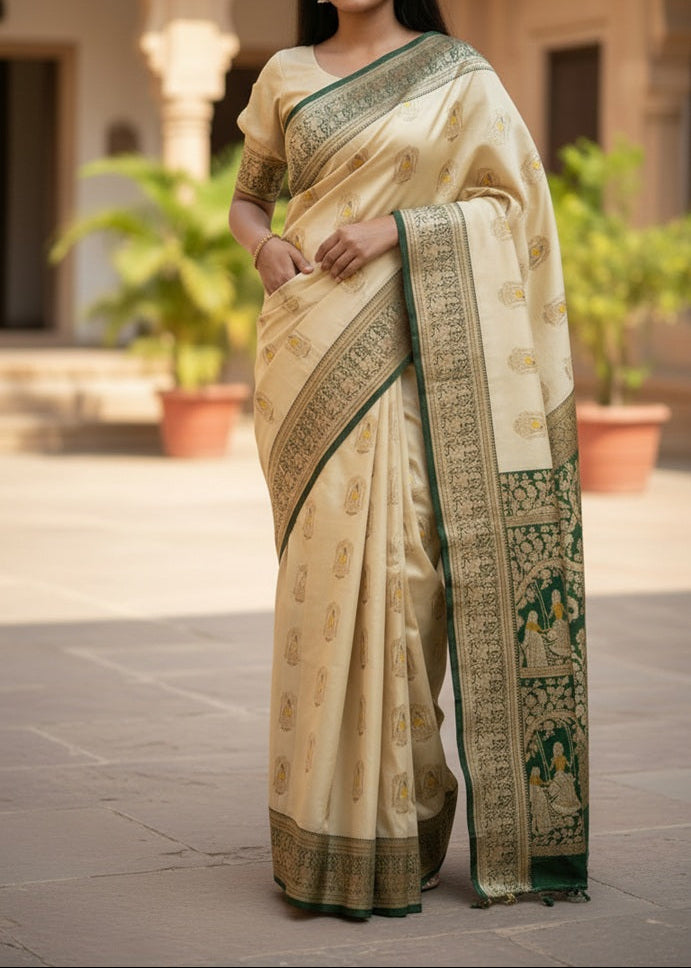 Woman wearing a traditional saree with a green border in an outdoor setting