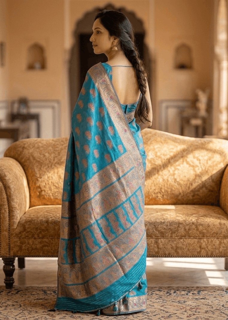 A woman stands with her back to the camera wearing a teal blue and gold patterned Baluchari saree in an elegant, sunlit room with a vintage gold sofa behind her.