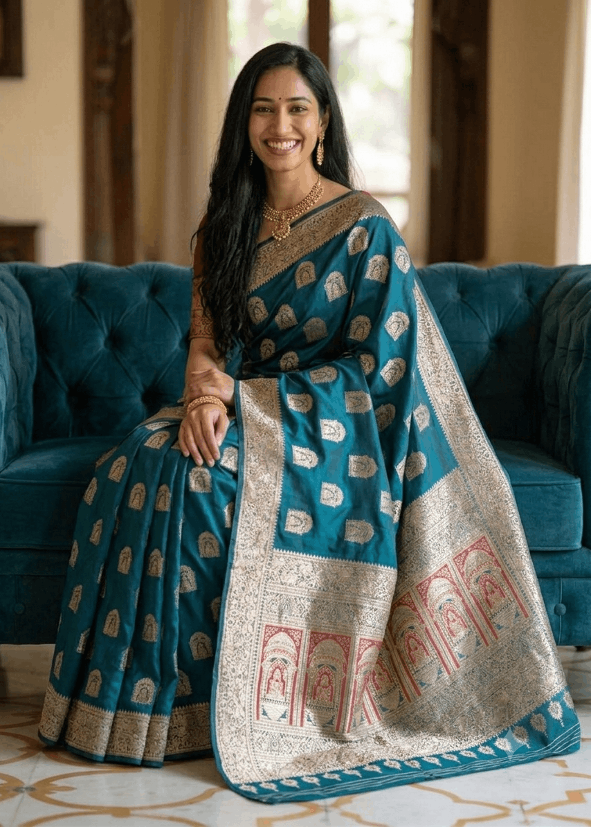 A woman wearing a teal blue and gold Baluchari silk saree sits on a teal velvet sofa in a traditional Indian home. The saree features intricate gold zari motifs and a wide gold border with red and gold patterns.
