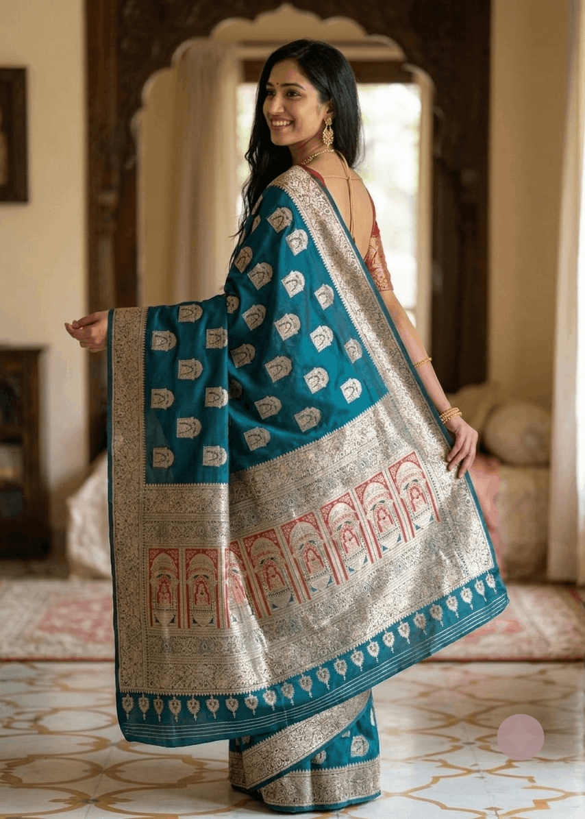 A woman wearing a teal-and-gold Baluchari silk saree with red-and-gold motifs, standing in a traditional Indian room with wooden arches and a patterned floor.