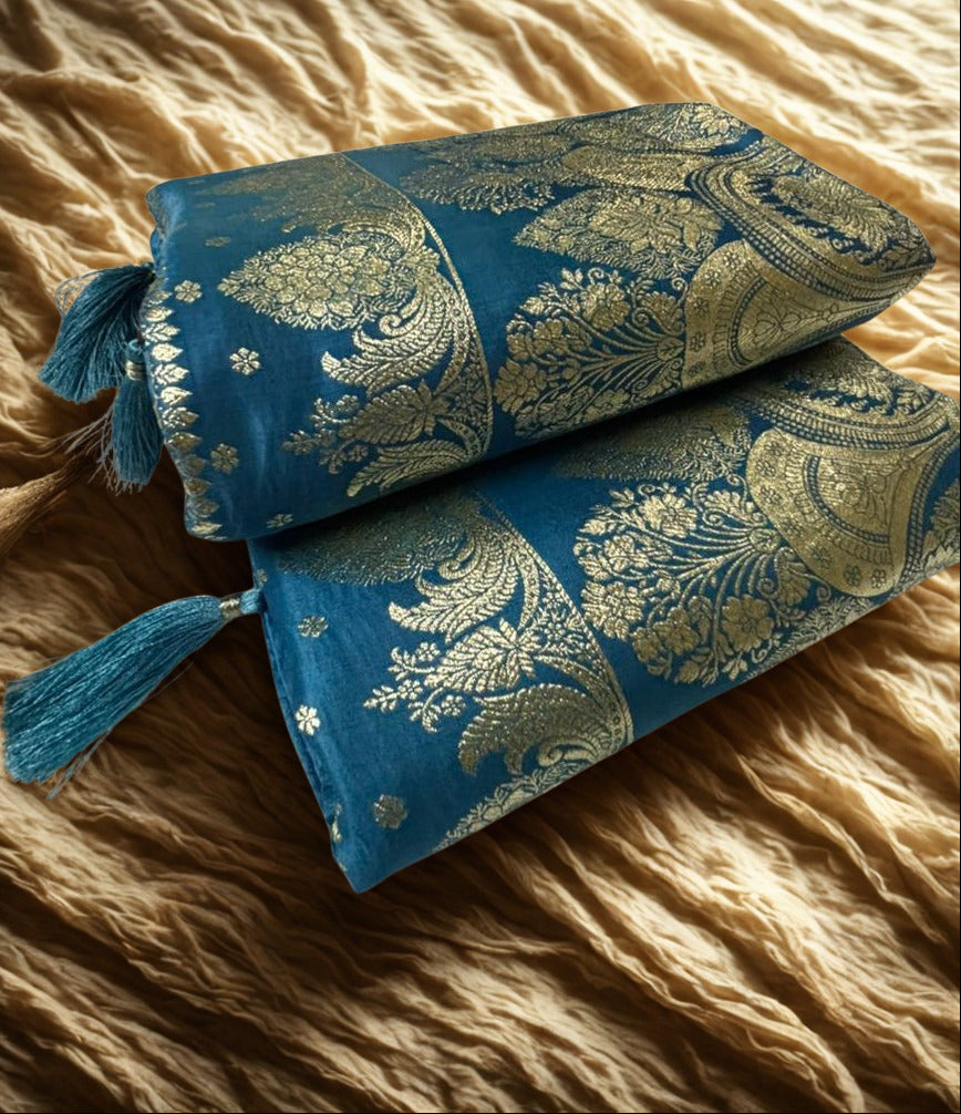 beautiful Teal Blue banarasi Silk Saree with intricate golden zari work with fabric texture closeup 