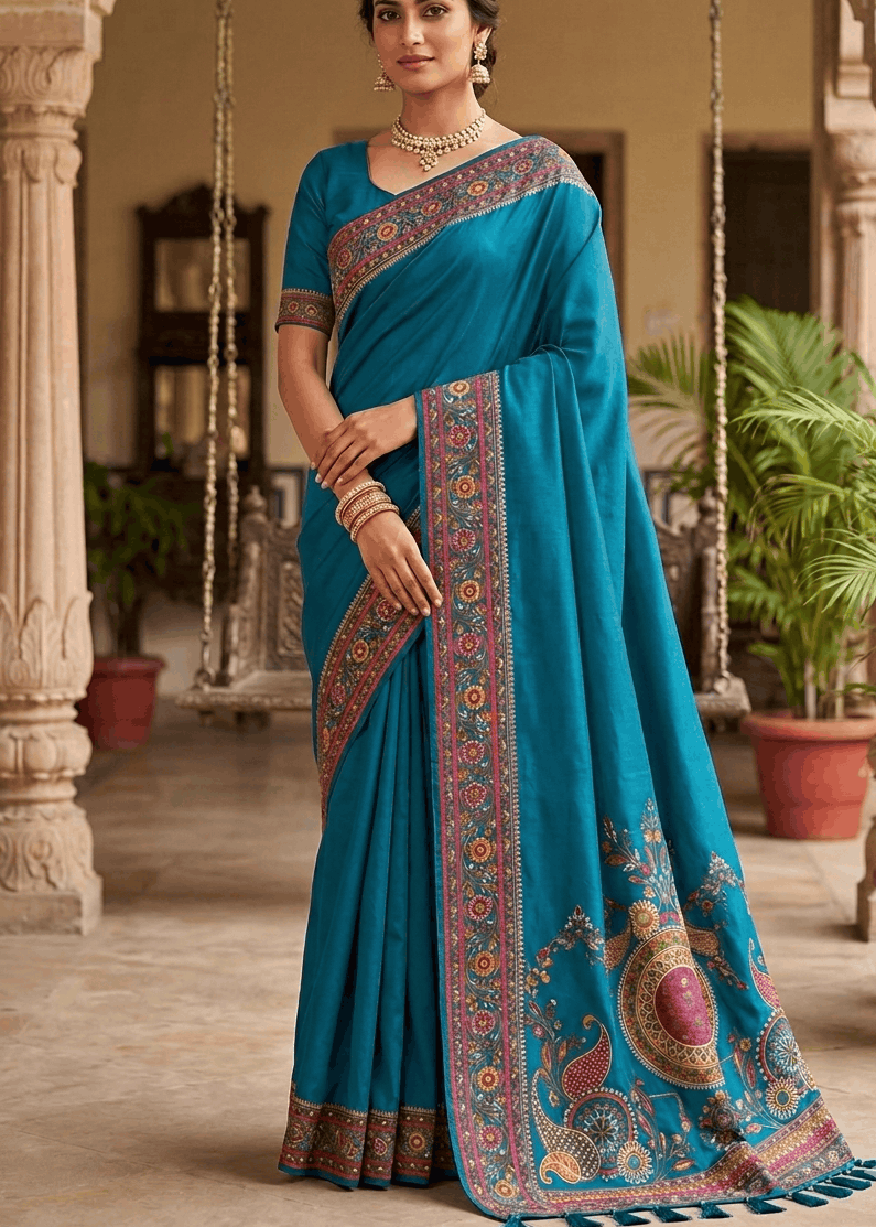 Woman wearing a peacock teal saree with multicolor floral embroidered border and mandala paisley pallu in a heritage courtyard