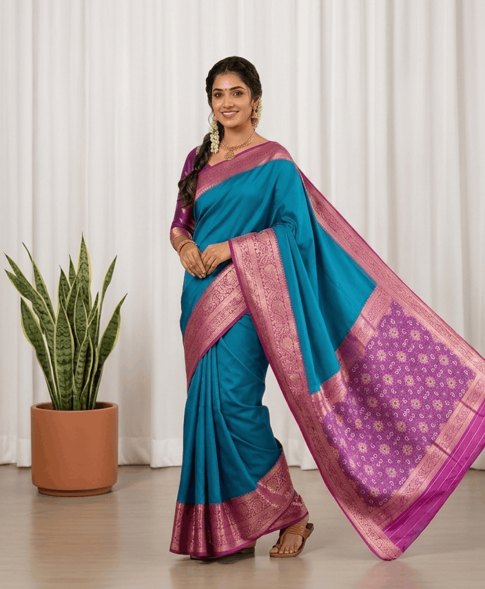 Woman wearing a jewel tone teal silk saree with a contrast pink and purple woven pallu and magenta zari border